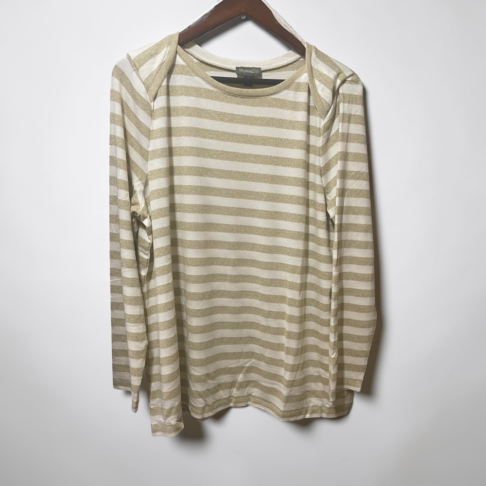 Style & Co White Cream Metallic Striped Boatneck Work Neutral Blouse Top XL
